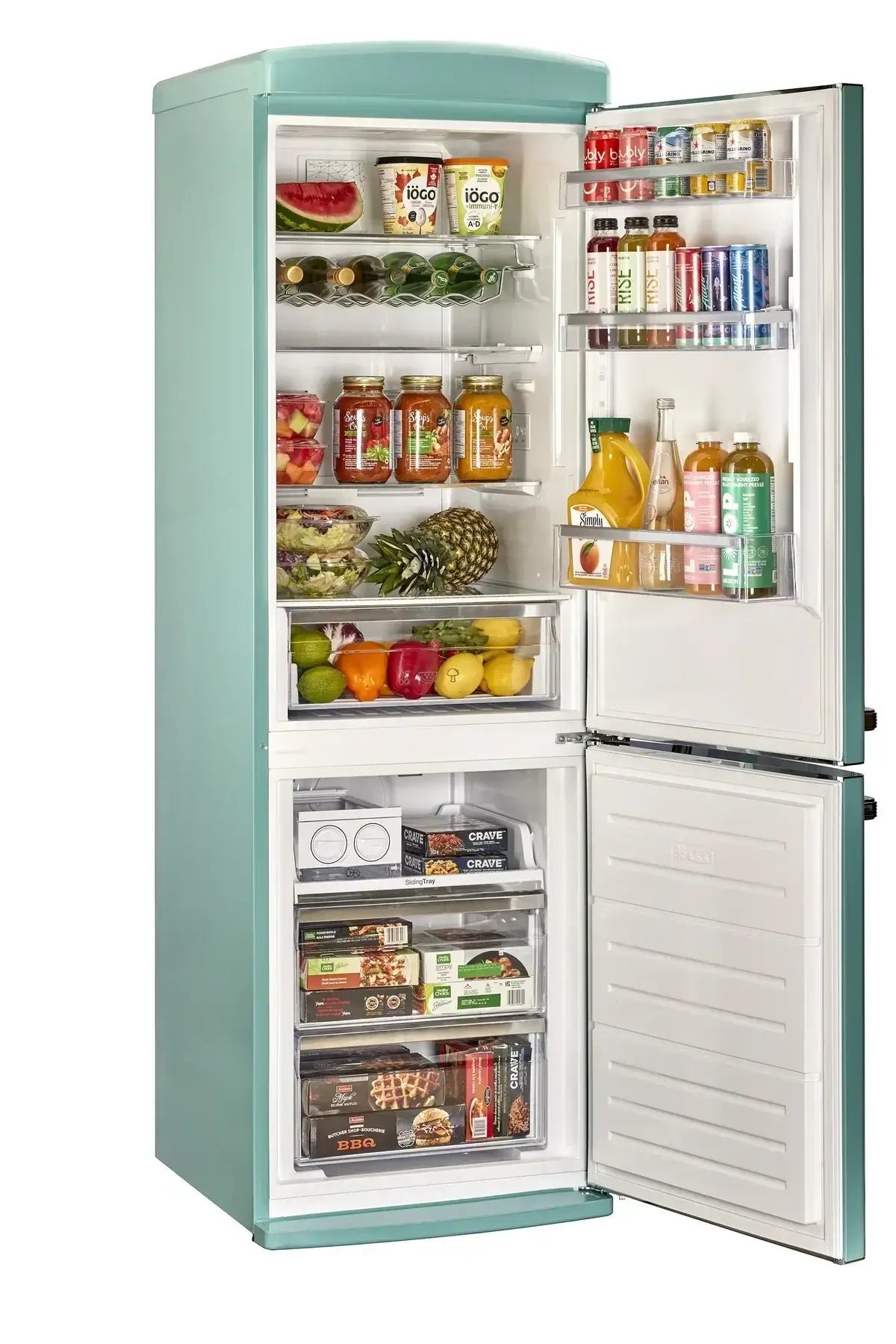 Unique 12 Cu/Ft Classic Retro Refrigerator with open door, showcasing interior storage, energy-efficient by Cabin Depot.