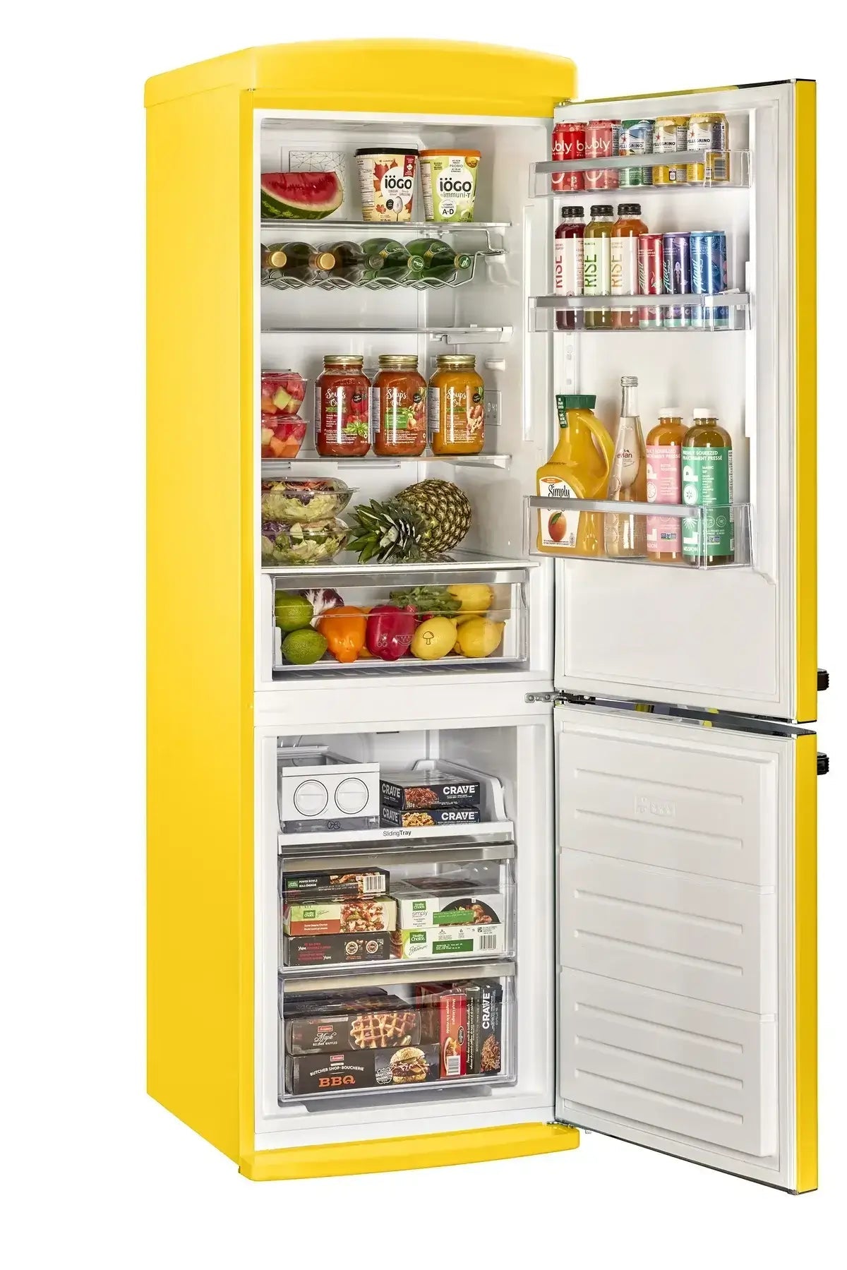 Classic Retro Bottom Mount Refrigerator in yellow with chrome accents, open to show interior storage. Available at Cabin Depot.