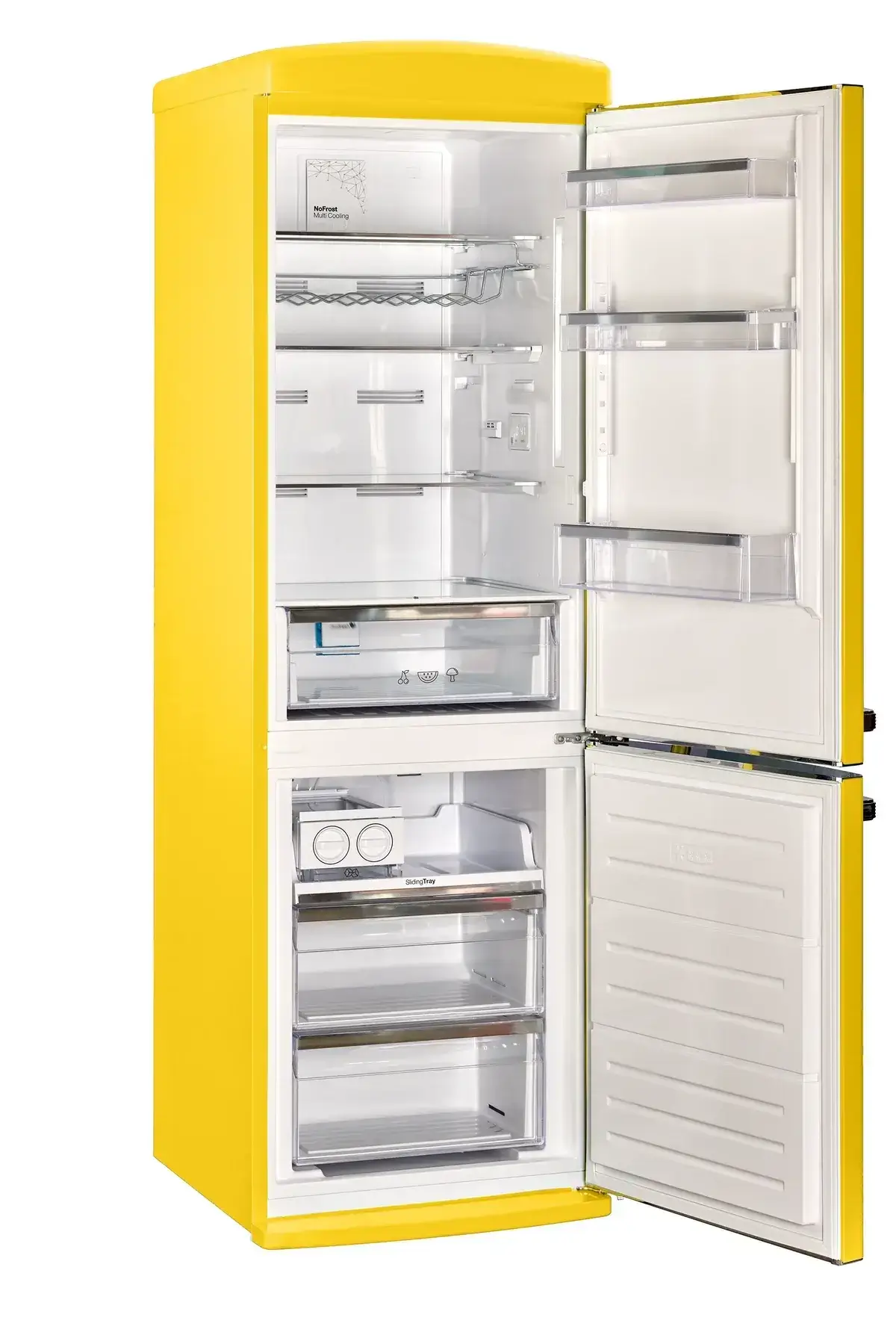Unique 12 Cu/Ft Classic Retro Bottom Mount Refrigerator in yellow from Cabin Depot, energy efficient, frost-free, retro '50s design.