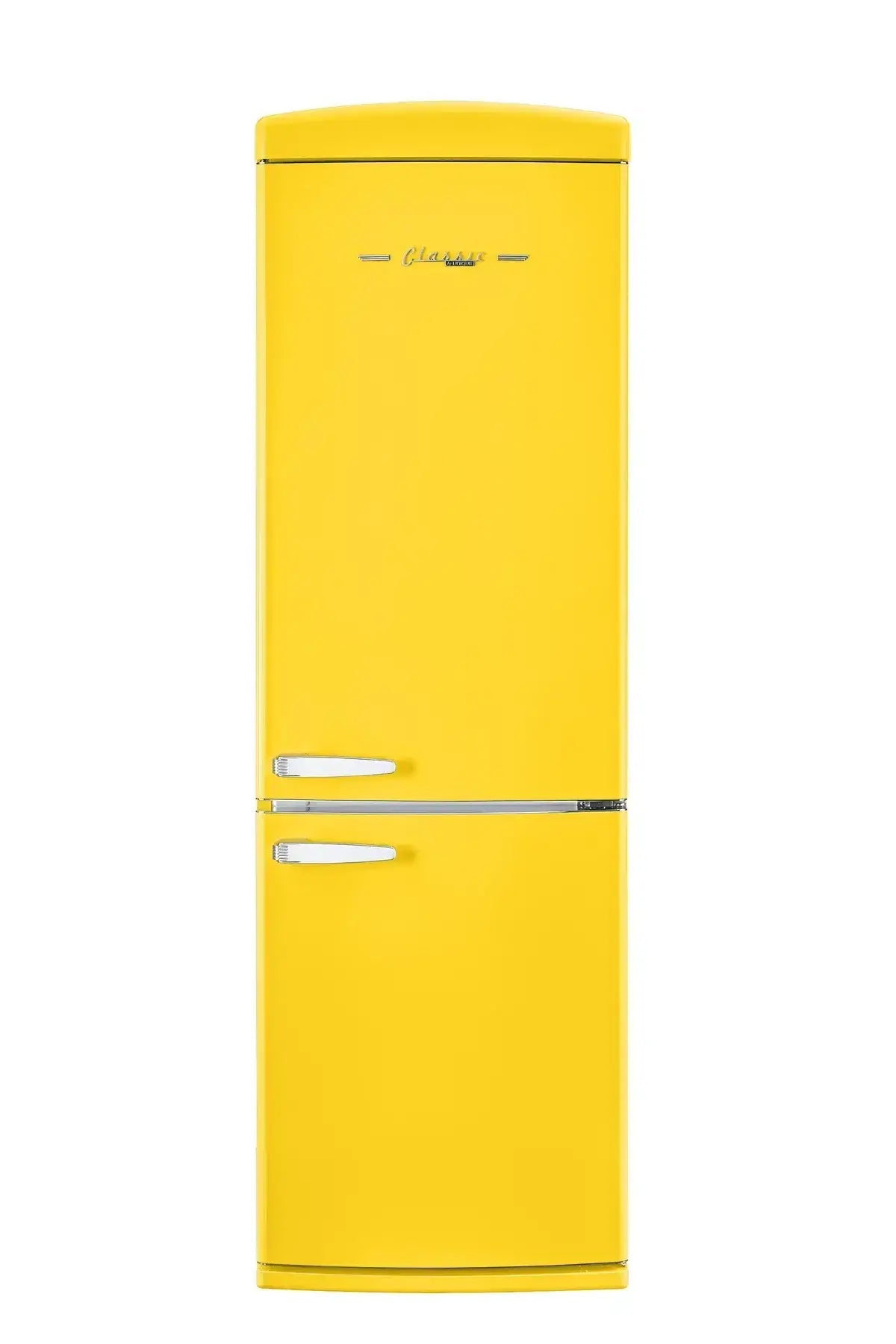 Unique Classic Retro 12 Cu/Ft Yellow Bottom Mount Refrigerator with chrome accents by Cabin Depot, ENERGY STAR Certified.