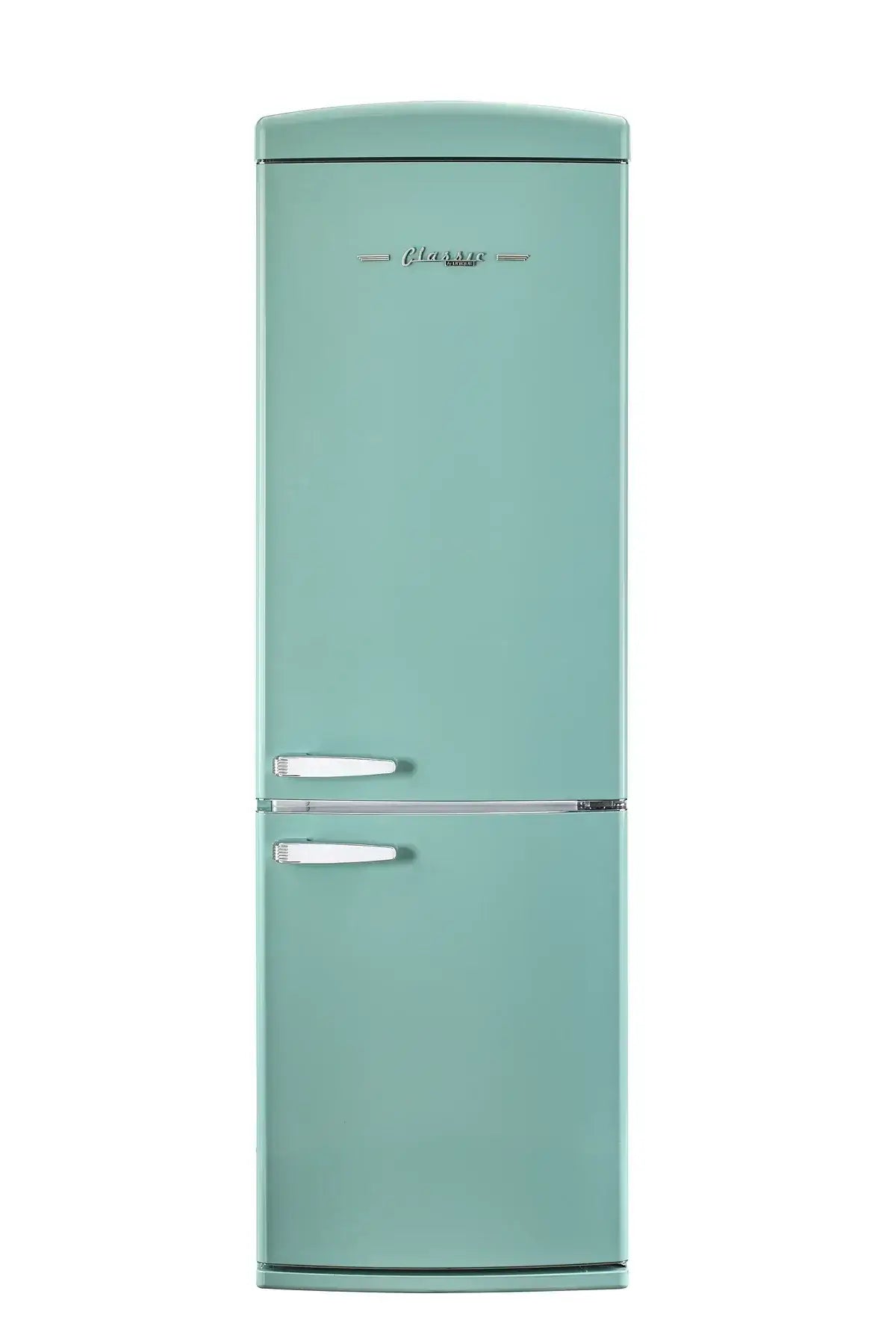 Unique 12 Cu Ft Classic Retro Bottom Mount Refrigerator with Chrome Accents, ENERGY STAR Certified. Available at Cabin Depot.