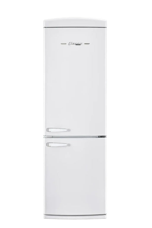 Classic Retro 12 Cu/Ft Bottom Mount Refrigerator with chrome accents from Cabin Depot, ENERGY STAR Certified, frost-free design.