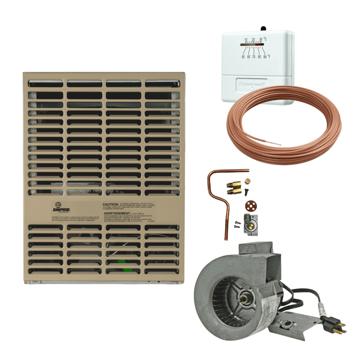 Empire Propane Direct Vent Heater DV210S 10000 Btu with included parts, thermostat, and accessories. Perfect for small spaces.