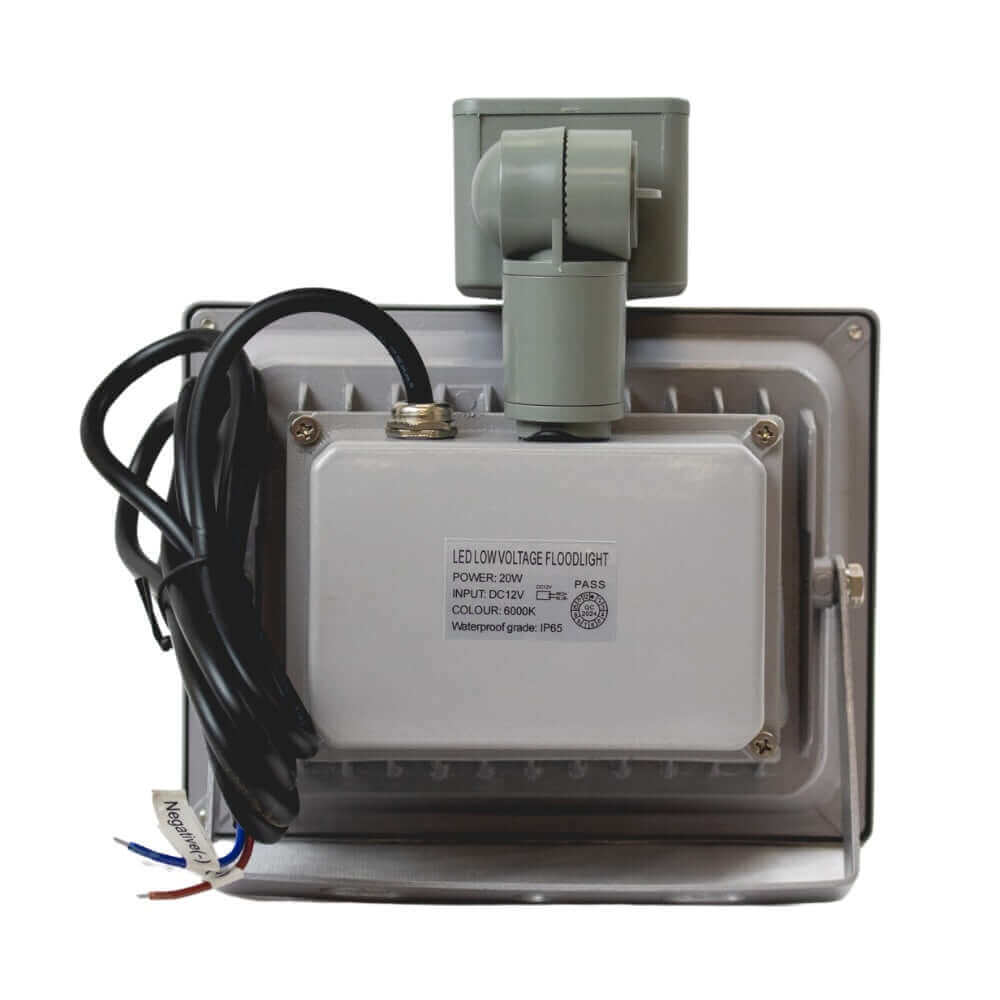 Kedron 12V 20W LED Outdoor Floodlight, waterproof motion sensor, 2000 lumens, ideal for off-grid cabins, available at Cabin Depot.