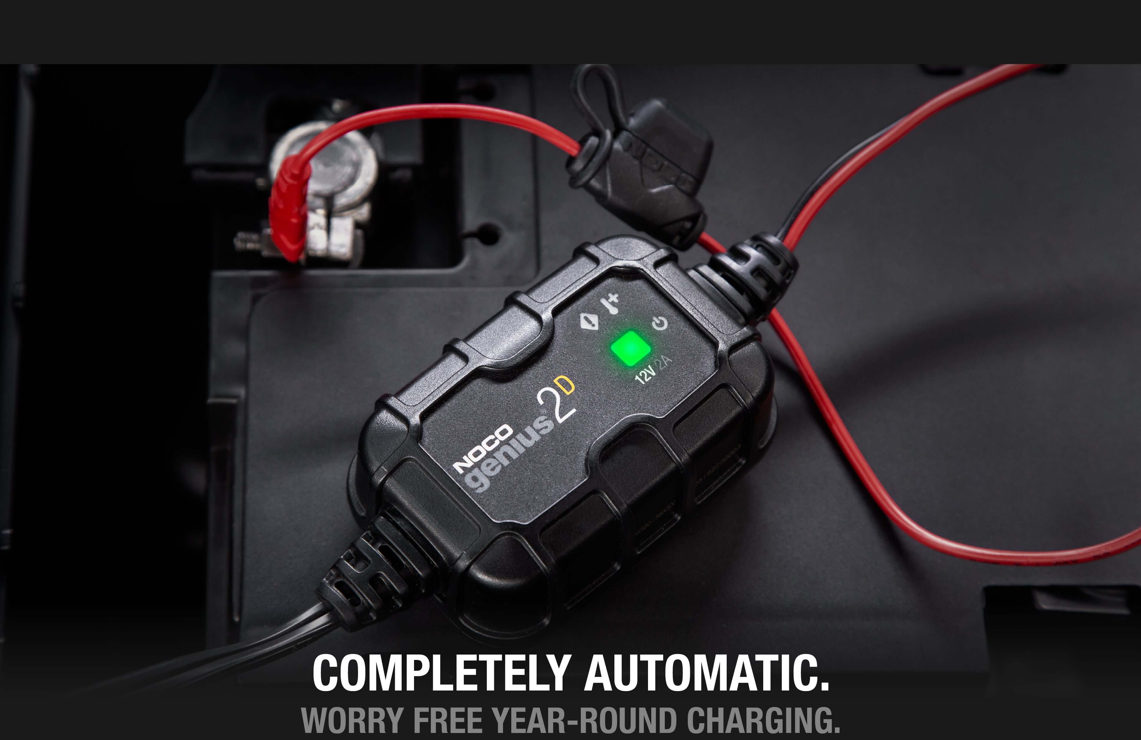 NOCO GENIUS2D 2A direct-mount battery charger shown installed, ideal for 12V lead-acid batteries at Cabin Depot. Automatically maintains charge.