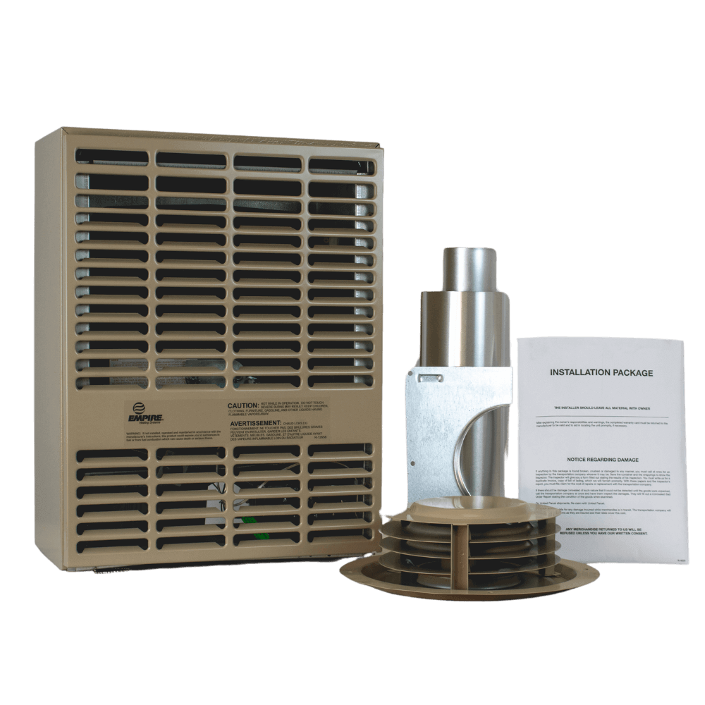 Empire 15,000 BTU Direct Vent Propane Heater with installation kit, available at Cabin Depot for efficient home heating.
