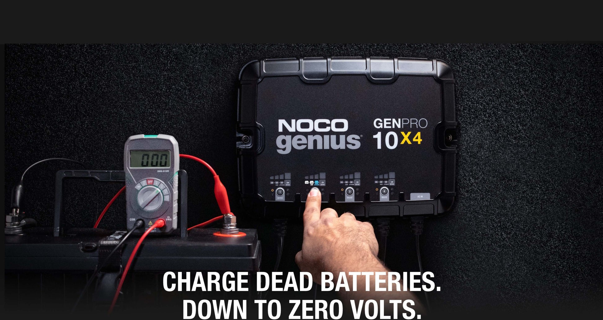 NOCO 40A GENPRO10X4 onboard battery charger in use, maintaining dead batteries for marine use, available at Cabin Depot.
