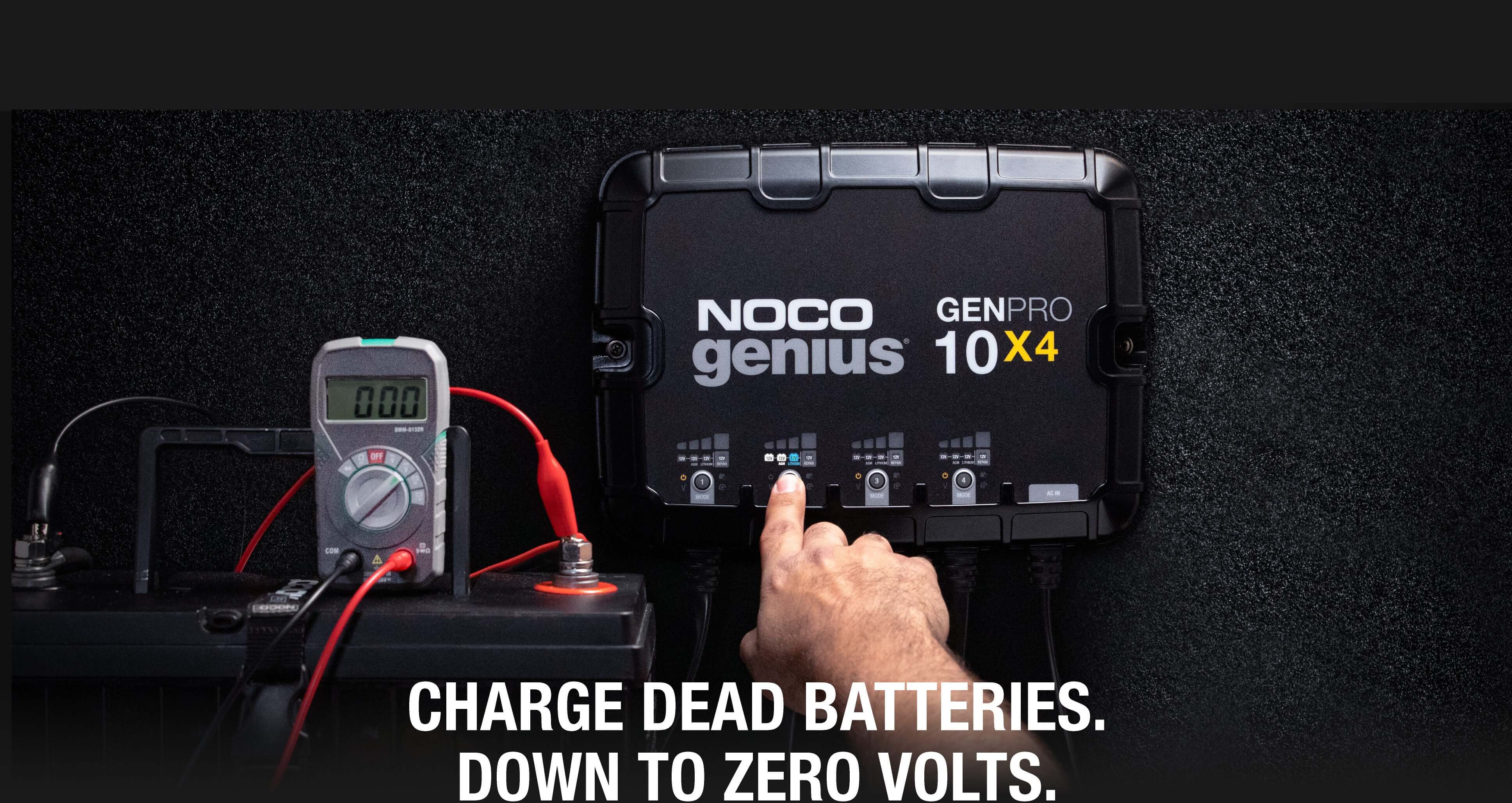 NOCO 40A GENPRO10X4 onboard battery charger in use, maintaining dead batteries for marine use, available at Cabin Depot.