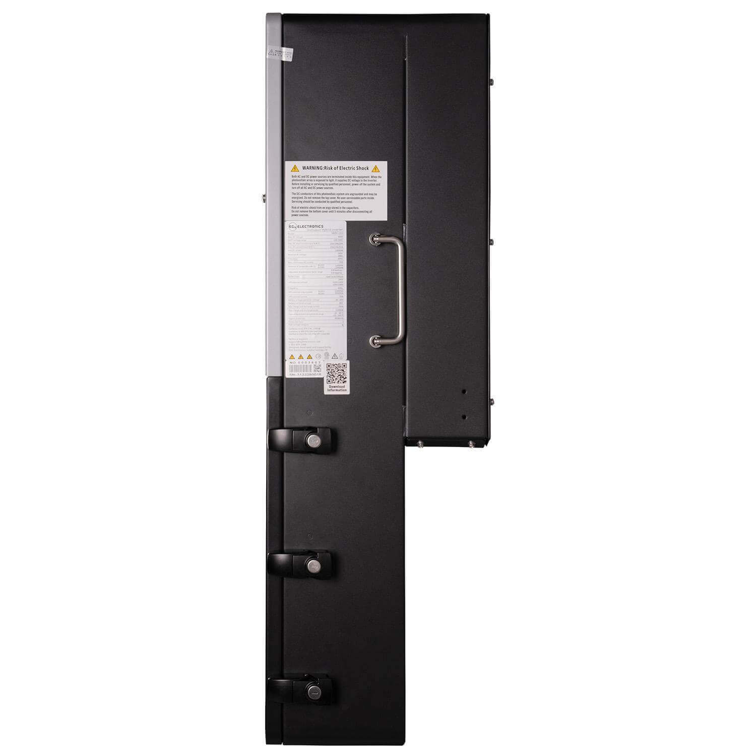 Side view of EG4 48V 18kPV-12LV hybrid inverter, ideal for Cabin Depot. Efficient solar solution for grid-tied and off-grid systems.