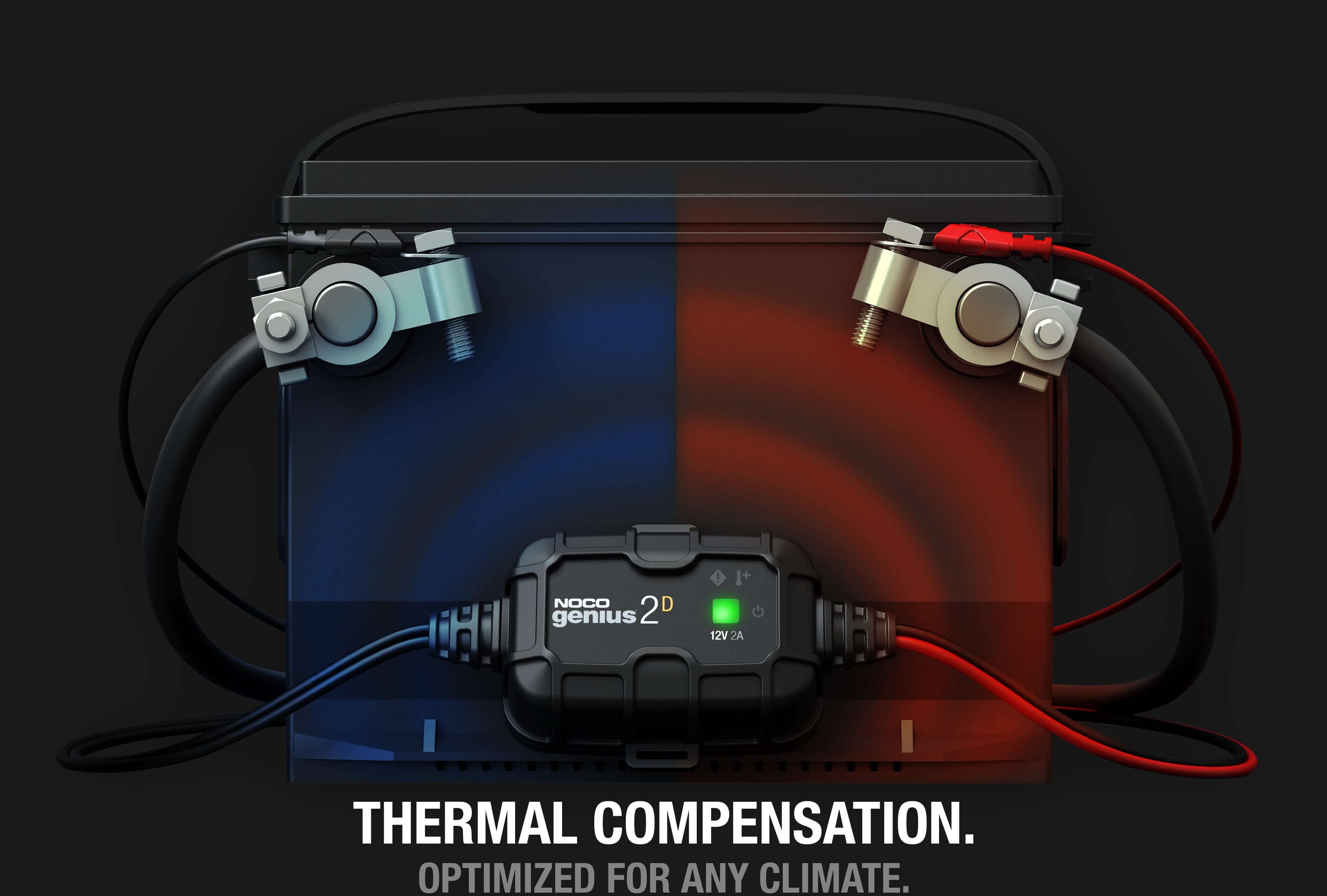 NOCO GENIUS2D 2A Direct-Mount Battery Charger with thermal compensation for 12V batteries, available at Cabin Depot. Optimized for climate.