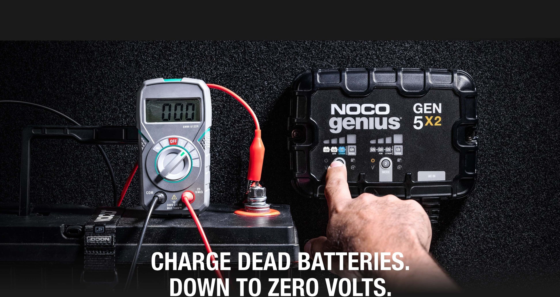 NOCO Genius GEN 5X2 10A Onboard Battery Charger in use, charging dead batteries to zero volts, available at Cabin Depot.