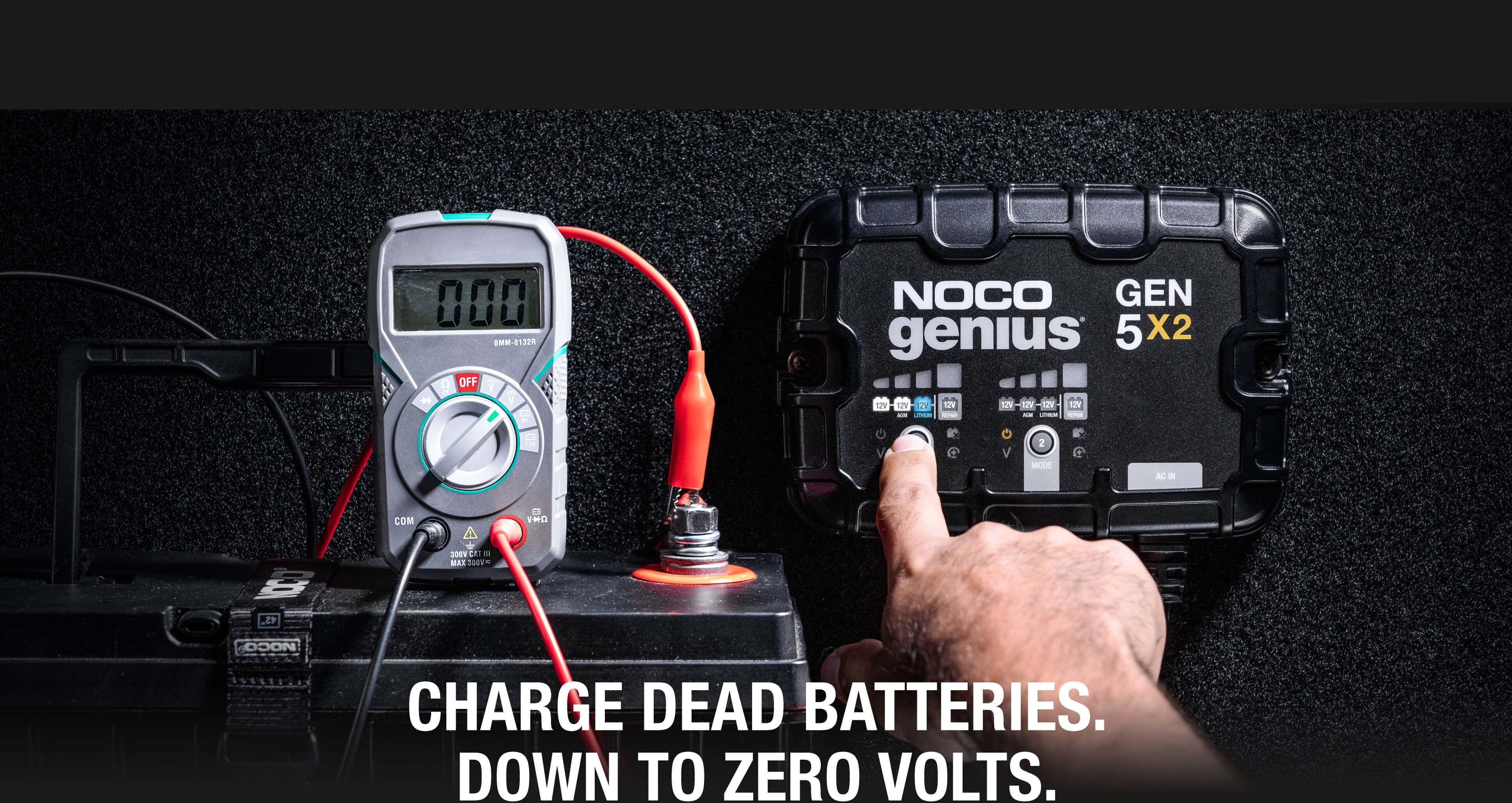 NOCO Genius GEN 5X2 10A Onboard Battery Charger in use, charging dead batteries to zero volts, available at Cabin Depot.