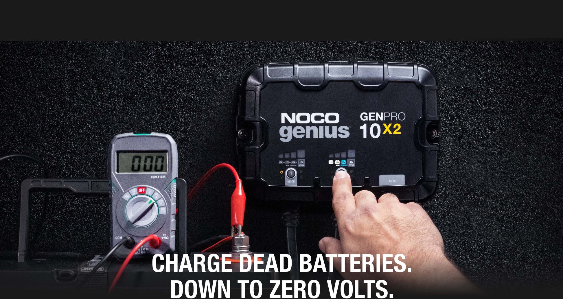 NOCO GENPRO10X2 onboard battery charger operating, showcasing its capability to charge dead batteries from zero volts. Cabin Depot product.