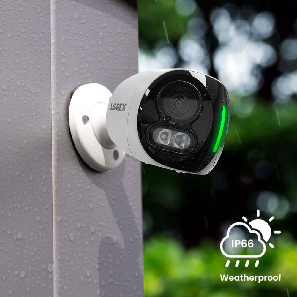 Lorex Dual-Lens 4K Wi-Fi Camera mounted outdoors, showcasing weatherproof design, offered by Cabin Depot for enhanced security.