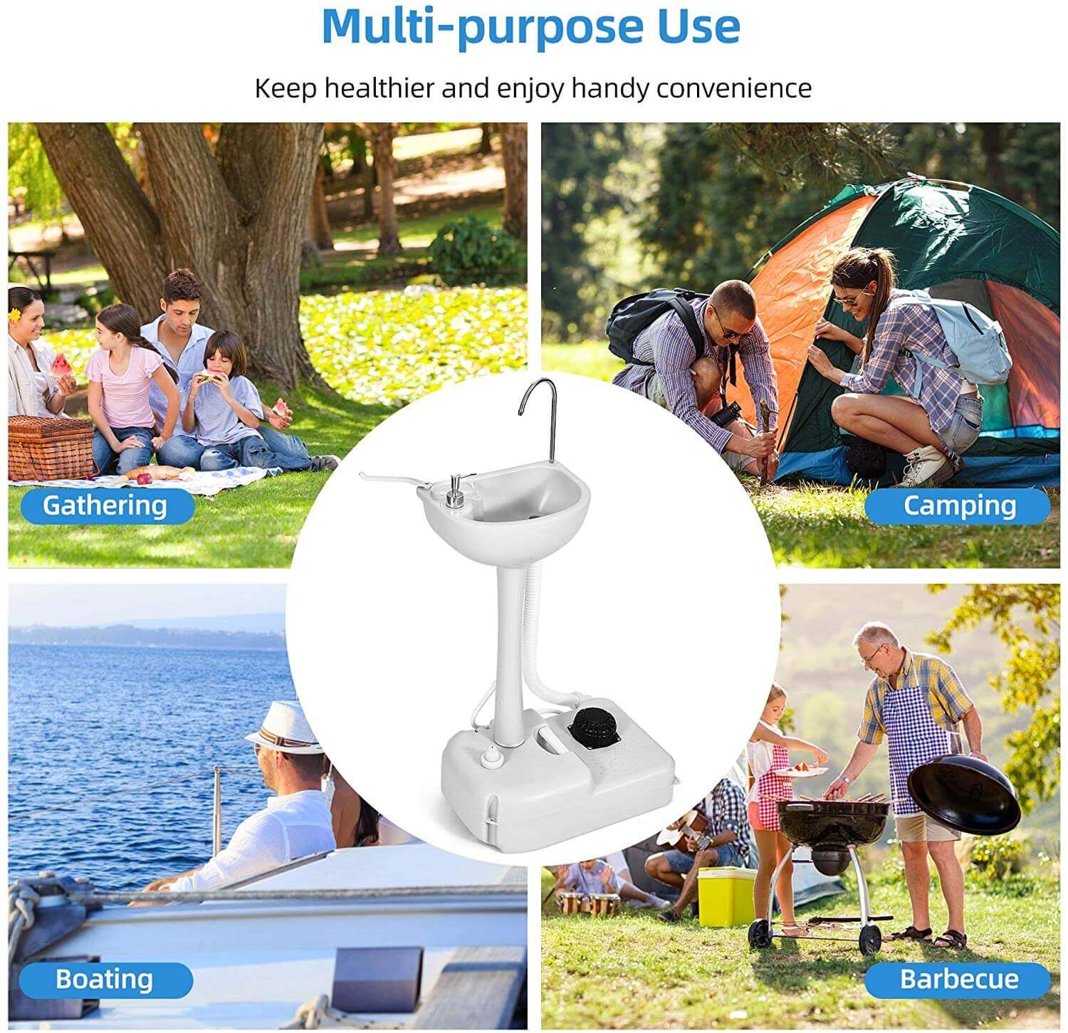 Portable sink in outdoor settings for camping, BBQ, boating, and gatherings with Cabin Depot's HomeStead Appliance.