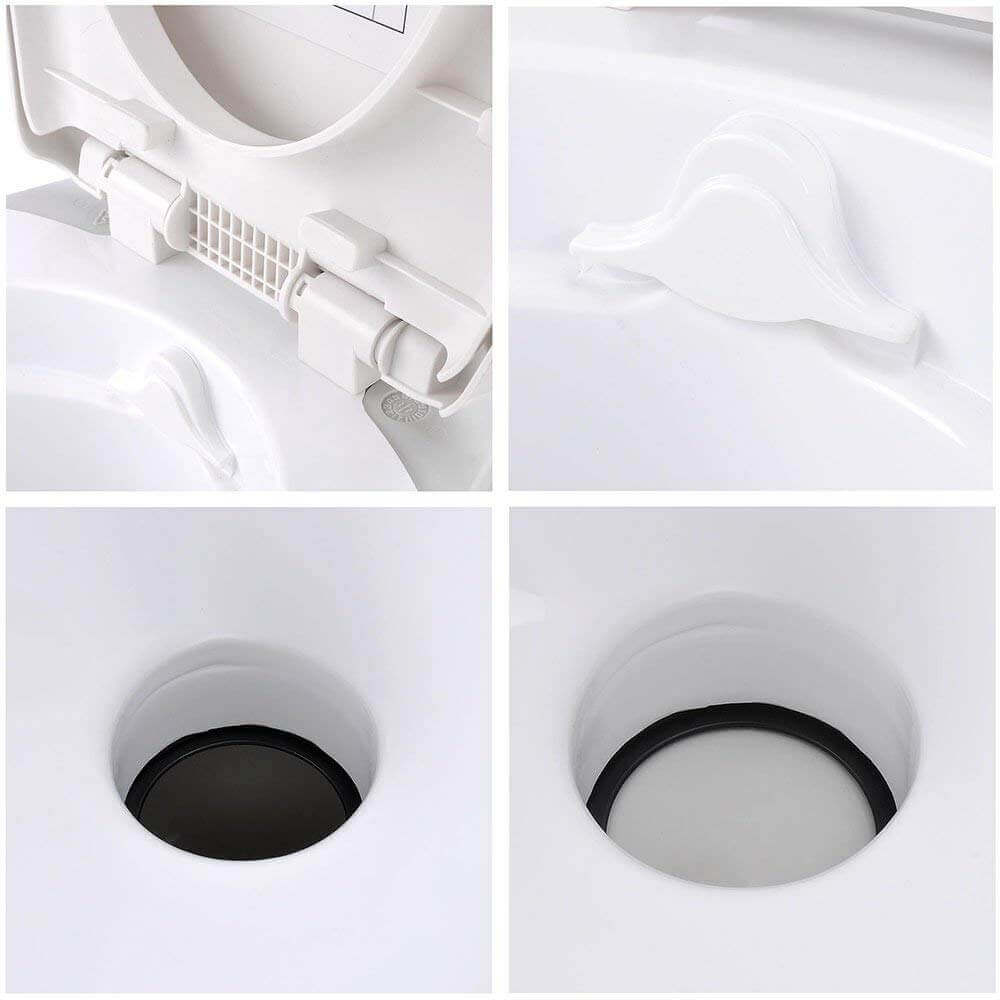 Close-up details of HomeStead Appliance RV Toilet, featuring gravity flush components and enamel-coated bowl from Cabin Depot.