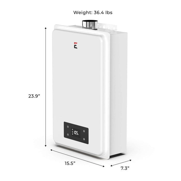 Eccotemp 6.0 GPM Natural Gas Indoor Tankless Water Heater, 23.9" x 15.5" x 7.3" dimensions, 36.4 lbs, Builder Series.