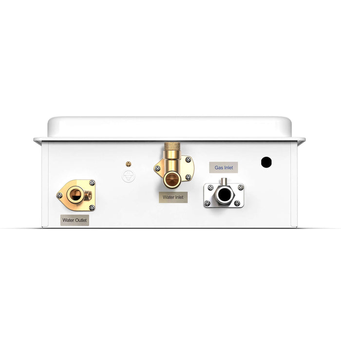 Eccotemp Builder Series tankless water heater ports for water and gas connections, model 6GB-ING.