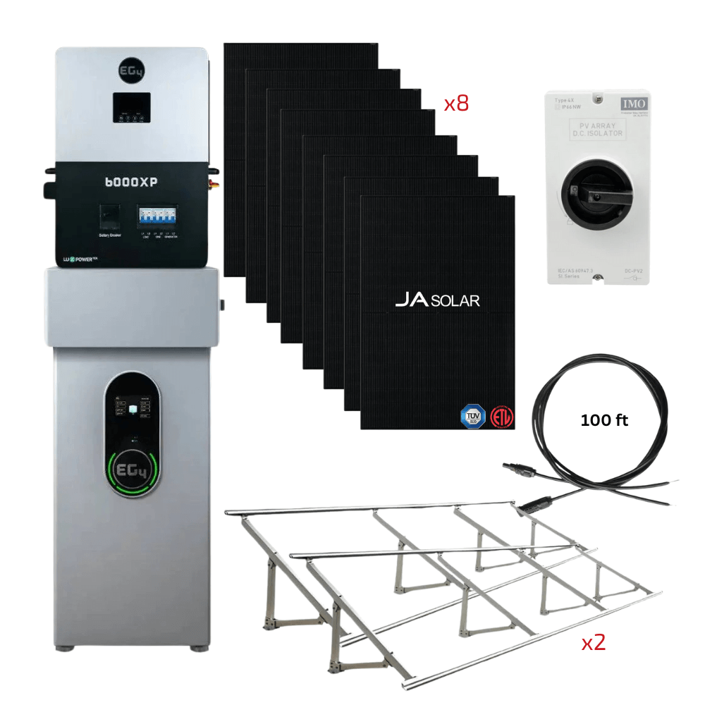 EG4 6000 XP Complete Cabin Solution by Cabin Depot, featuring solar panels, connectors, and mounting kit for off-grid power.