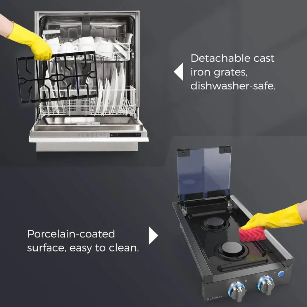 Camplux 12" 2 Burner Propane Cooktop with porcelain surface and cast iron grates from Cabin Depot. Easy to clean and dishwasher safe.