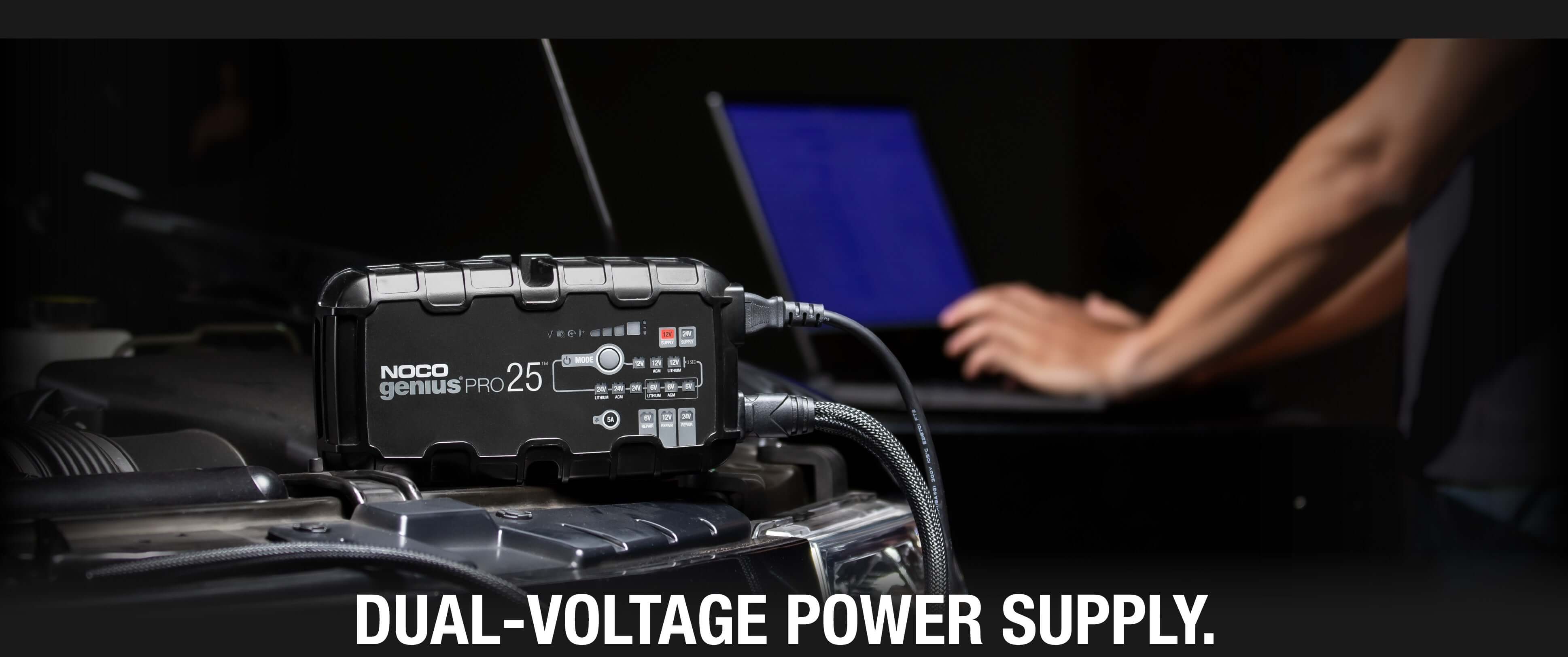 NOCO GENIUSPRO25 25A Pro Battery Charger in use, dual-voltage power supply at Cabin Depot, smart charger for automotive batteries.
