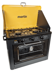 Martin 24,000 BTU Portable Oven And Stove Combo with brass burners and wind shield, available at Cabin Depot for outdoor cooking.