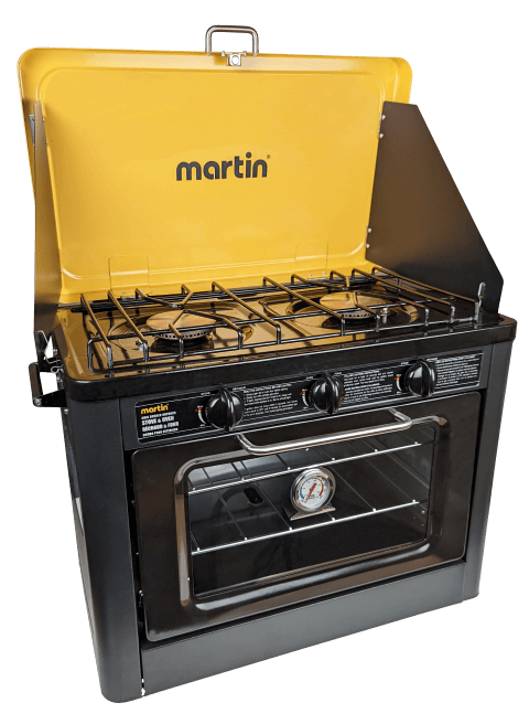 Martin 24,000 BTU Portable Oven And Stove Combo with brass burners and wind shield, available at Cabin Depot for outdoor cooking.