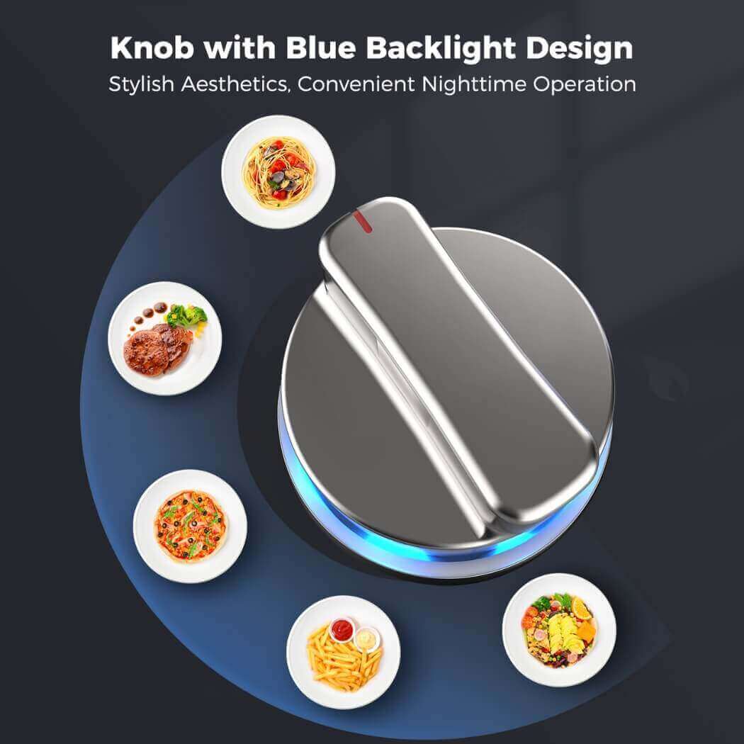 Blue backlight design knob on RV cooktop with dishes, by Cabin Depot, ideal for stylish and convenient nighttime cooking.