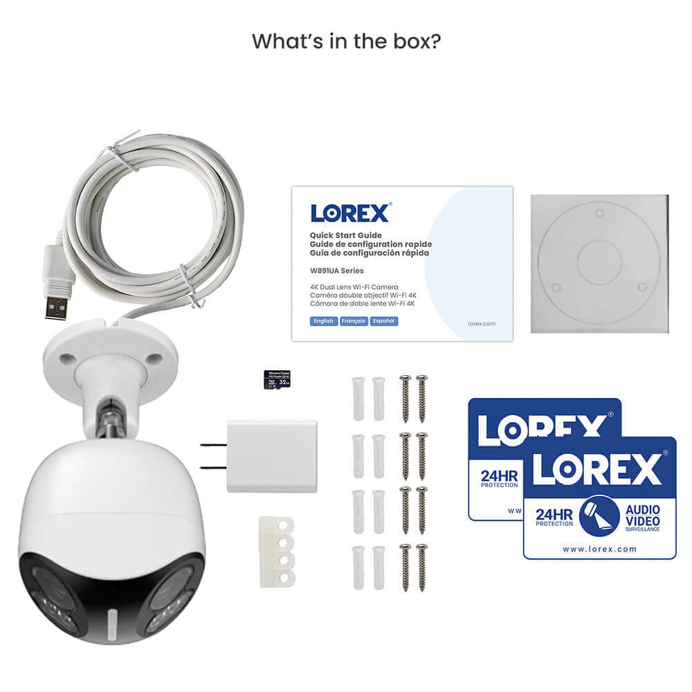 Lorex Dual Lens Wi-Fi Camera W891UAD-E unboxing, includes cables, mount, quick start guide, for Cabin Depot 4K security setup.