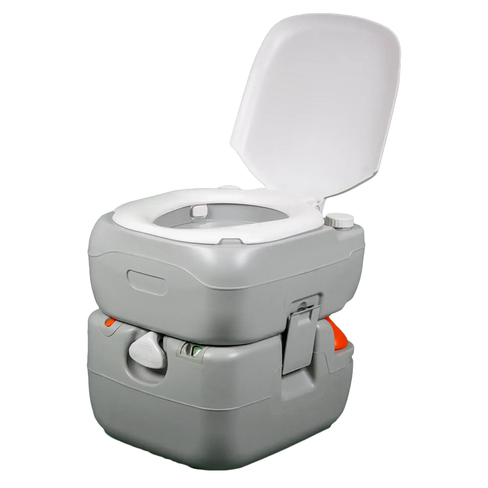 Reliance Flush N Go Portable Toilet 4822 with lid open, showcasing large capacity and modern design for convenient outdoor use.