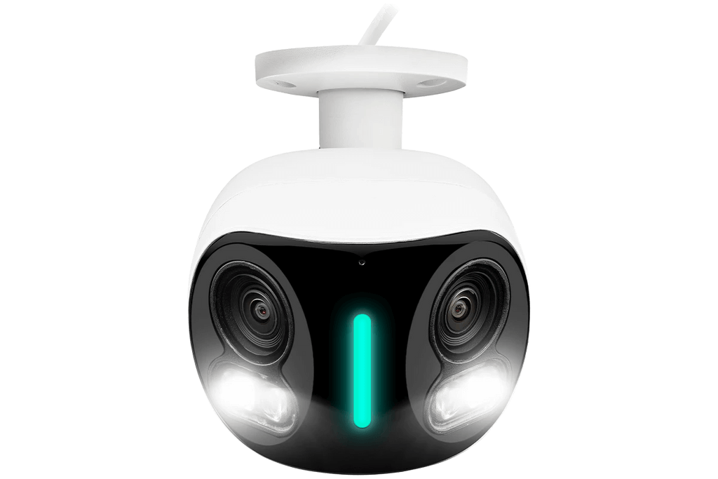 Lorex H20 4K dual lens security camera with smart lighting, available at Cabin Depot, featuring a panoramic field of view.