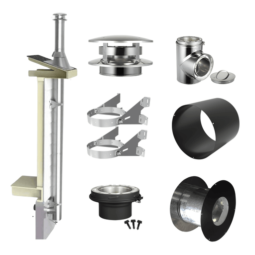 Summum Pro Outdoor Starting Kit "A" components for chimney installation including SC-EDE Tee, locking bands, and insulated wall thimble.