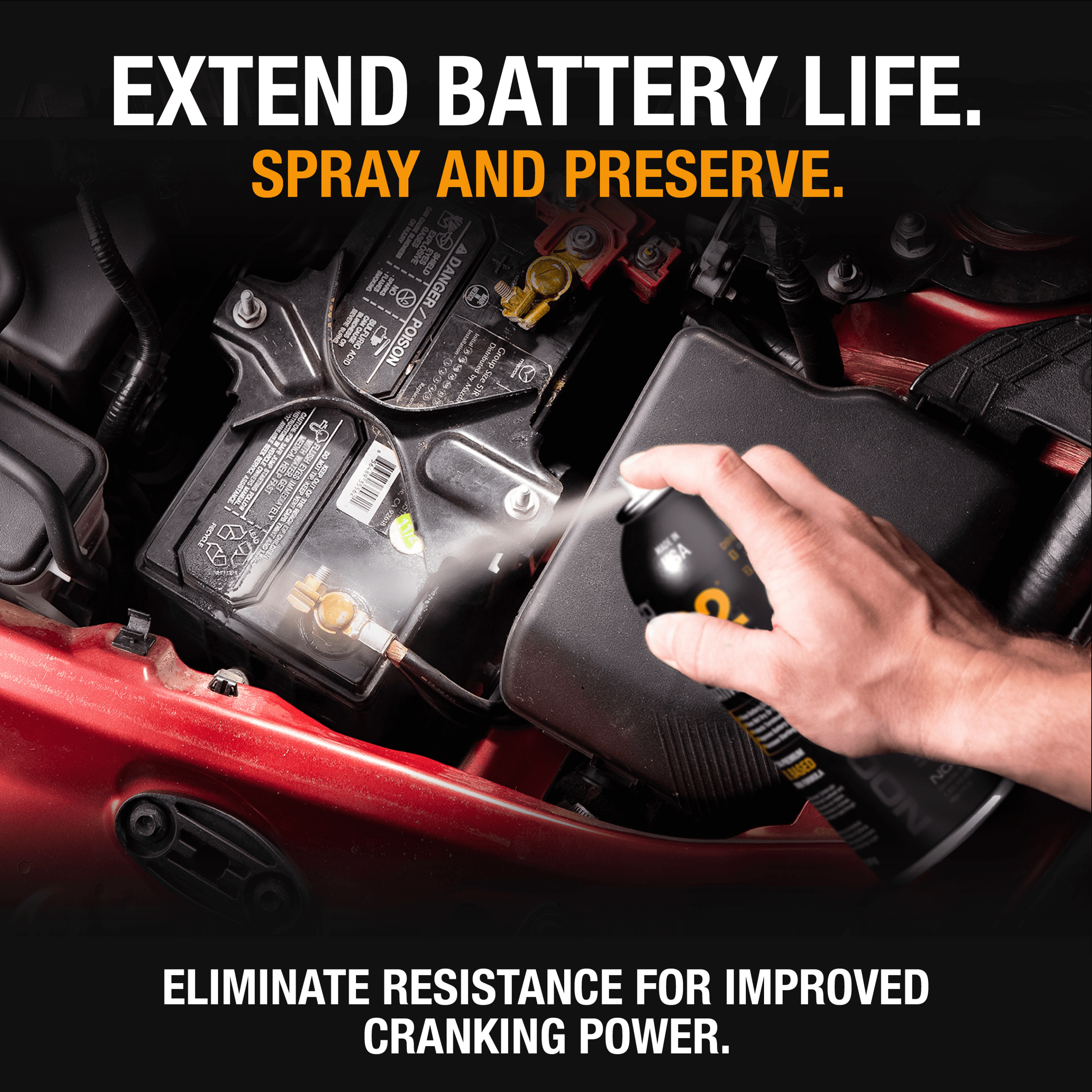 Alt Tag: NOCO 12oz Corrosion Preventative spraying battery to prevent corrosion and extend life. Available at Cabin Depot.