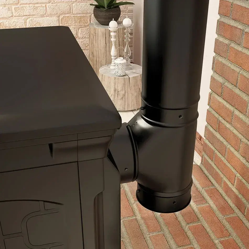 Black Matte Imperial 6" Cleanout Tee with End Cap installed on rear outlet stove, available at Cabin Depot.