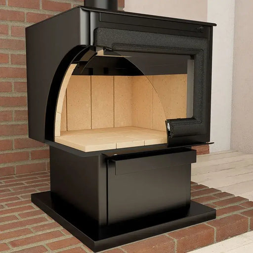 Modern black fireplace with high-density firebricks on a brick patio.