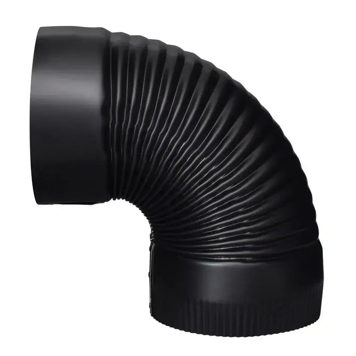 Imperial 6" black matte corrugated elbow, 90-degree flue pipe connector, available at Cabin Depot. Download specs for details.