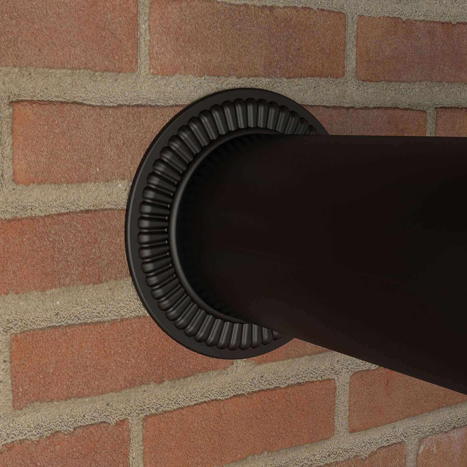 Imperial 6-inch Trim Collar Black Matte crimped end 24-gauge steel UL certified, Cabin Depot product against brick wall