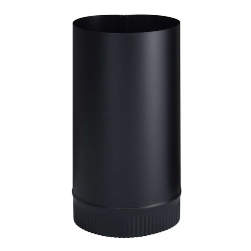 Black matte 6" x 12" pipe for wood stove connection with easy snap-lock system, crimped end for condensation flow.