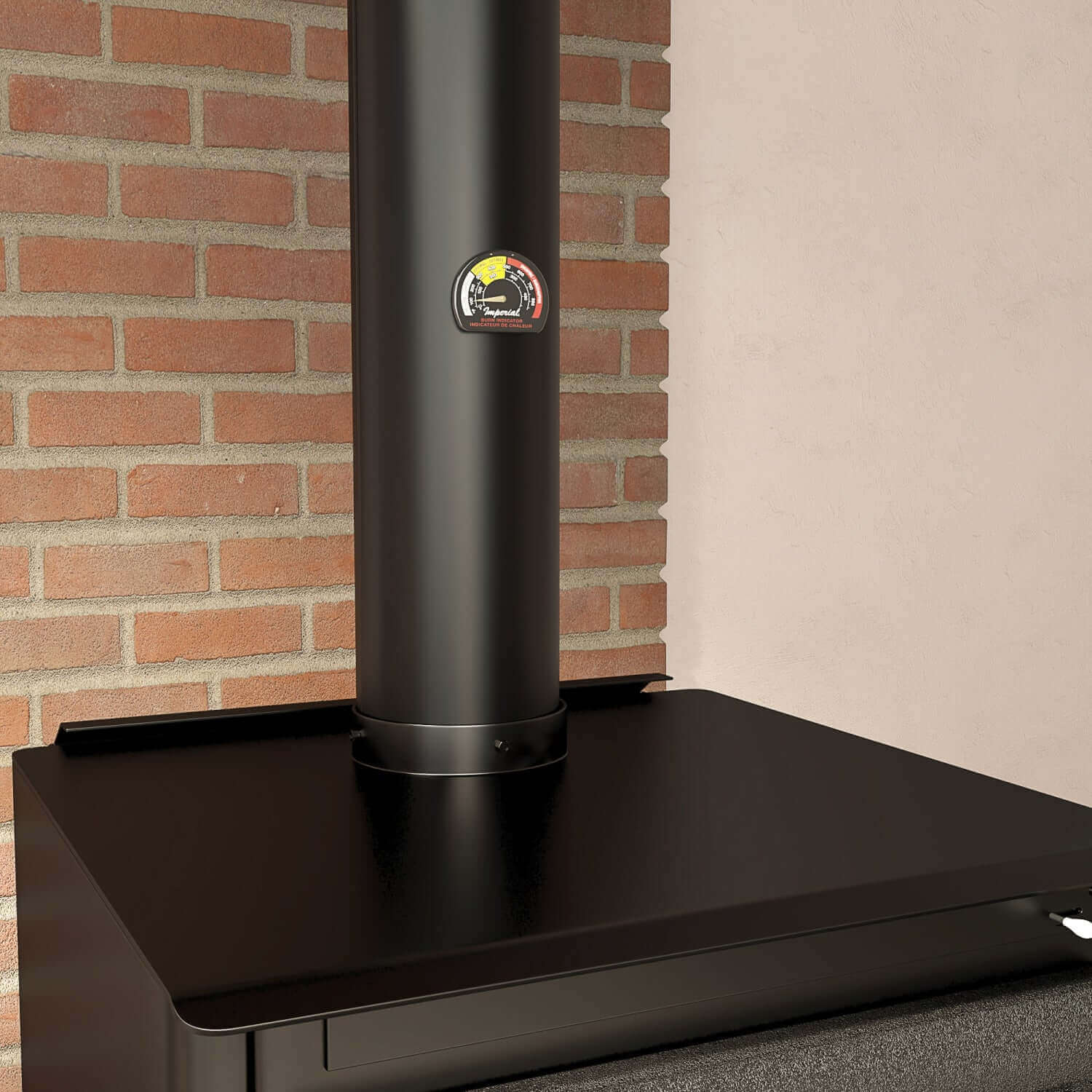 Imperial Magnetic Burn Indicator on stove pipe, monitoring wood stove performance; available at Cabin Depot. Durable and accurate from 100°F to 850°F.