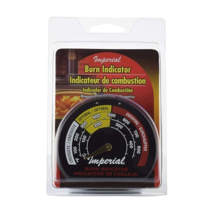 Imperial Magnetic Burn Indicator packaging with temperature range display for stove pipes.