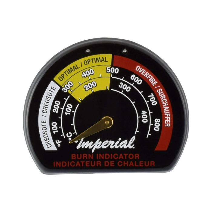 Imperial Magnetic Burn Indicator for stove pipes, showing temperature range and performance zones in black and red design.