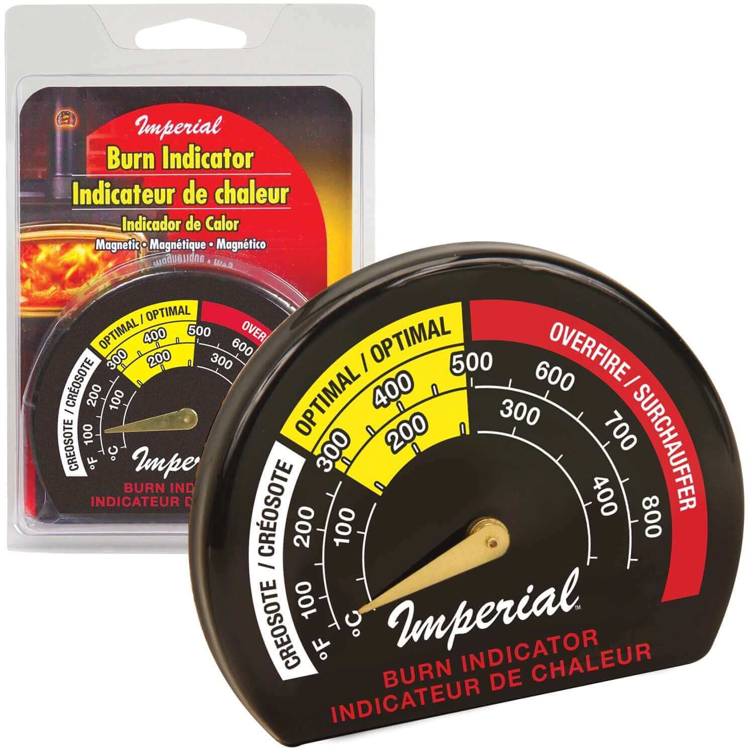 Imperial Magnetic Burn Indicator for single wall stove pipes, available at Cabin Depot, showing temperature ranges from 100°F to 850°F.