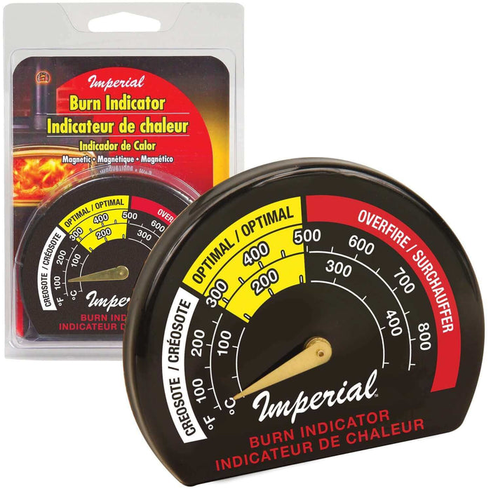 Imperial Magnetic Burn Indicator for stove pipes, featuring temperature gauge from 100°F to 850°F, packaged and displayed.