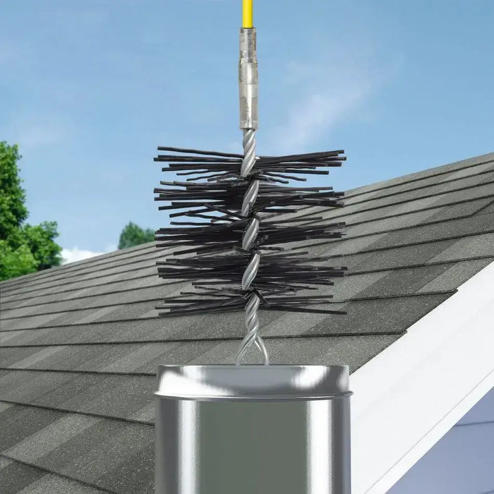 Imperial Polysweep polypropylene chimney brush with roof background, designed for durable cleaning of stainless steel and masonry chimneys.