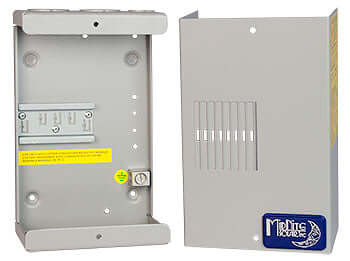 MidNite Baby Box aluminum enclosure for 4 din rail breakers, available at Cabin Depot, optimized wiring space, ETL listed.