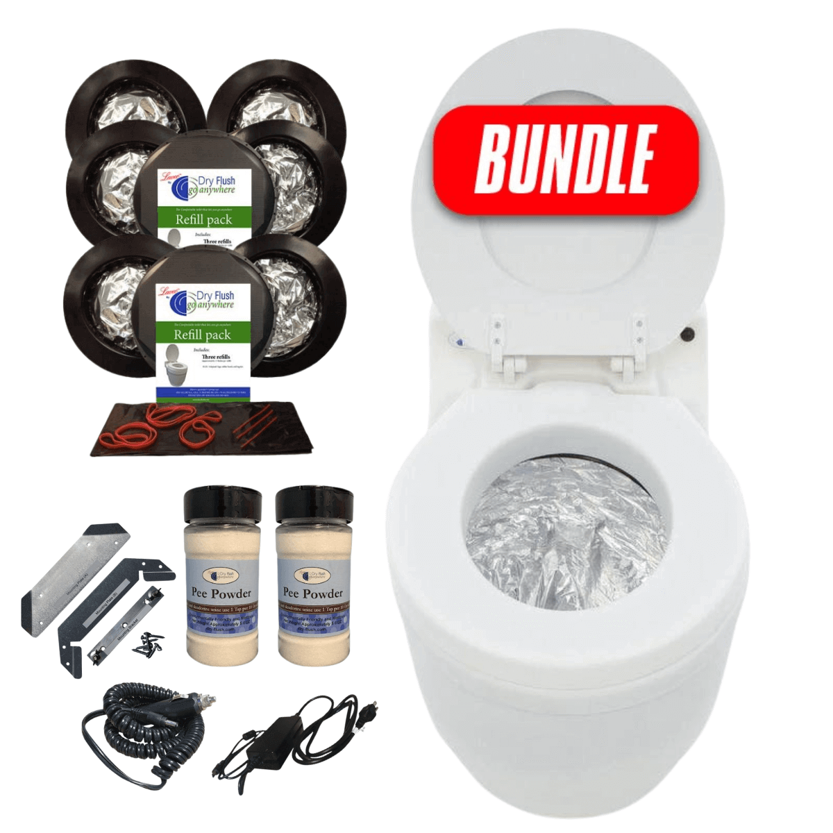 Laveo Dry Flush Portable Toilet Bundle with accessories for RV, camping, and cabin use - Available at Cabin Depot.