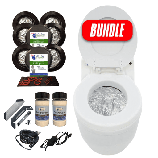 Laveo Dry Flush Portable Toilet Bundle with accessories for RV, camping, and cabin use - Available at Cabin Depot.