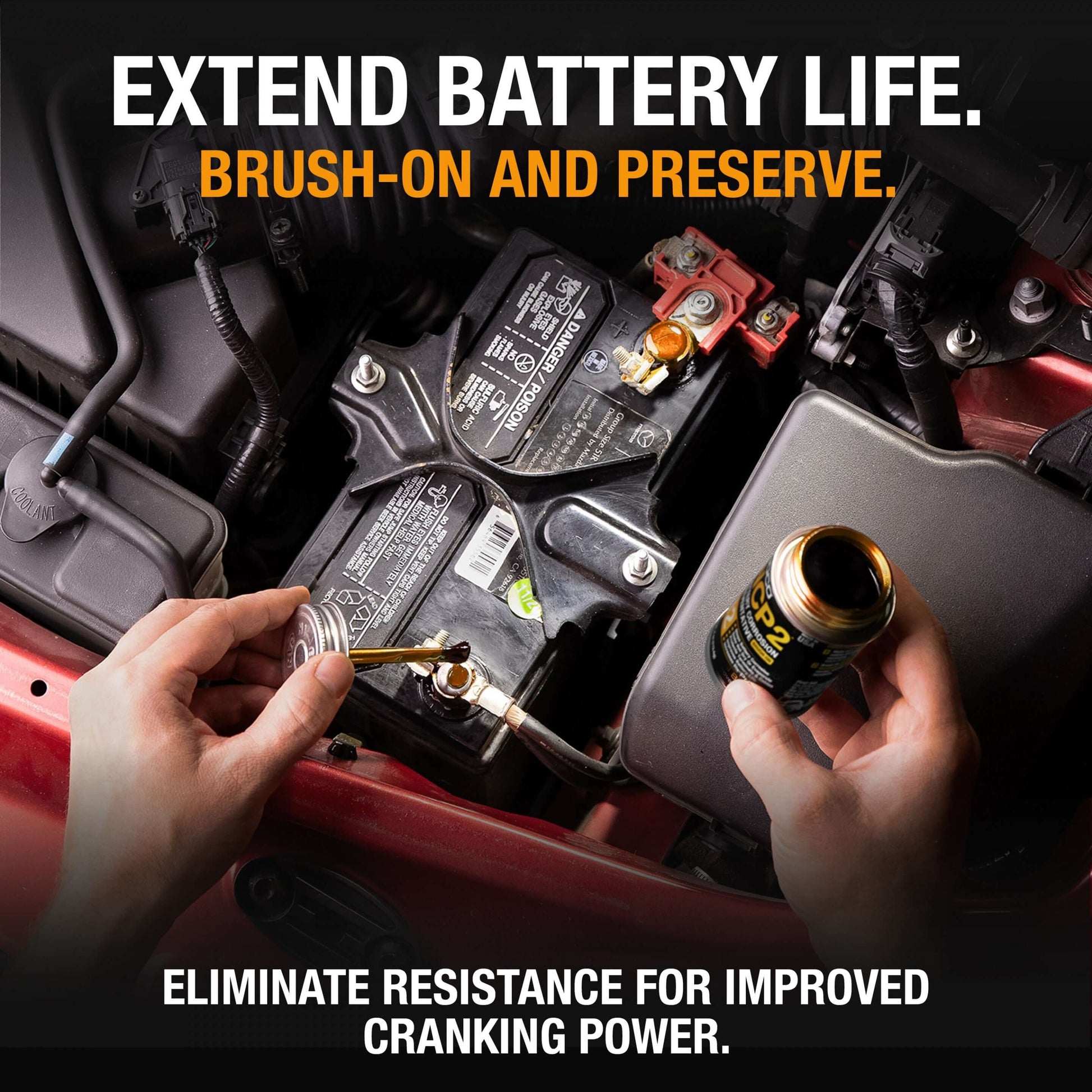 Applying NOCO 4oz Brush-On Corrosion Compound to car battery for improved life and performance - Cabin Depot product.
