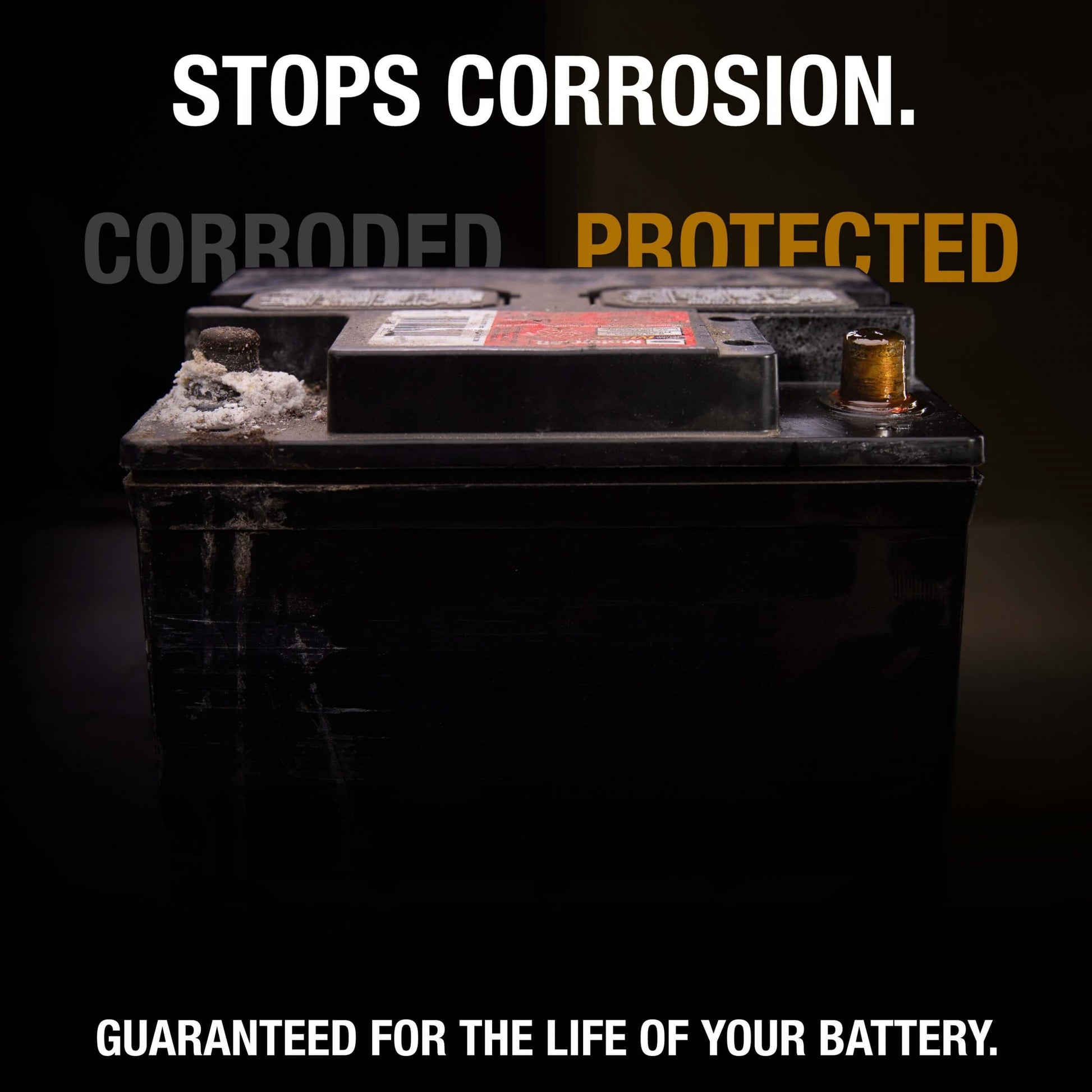 Battery showing corrosion protection using NOCO brush-on compound available at Cabin Depot, preventing acid fumes and extending battery life.