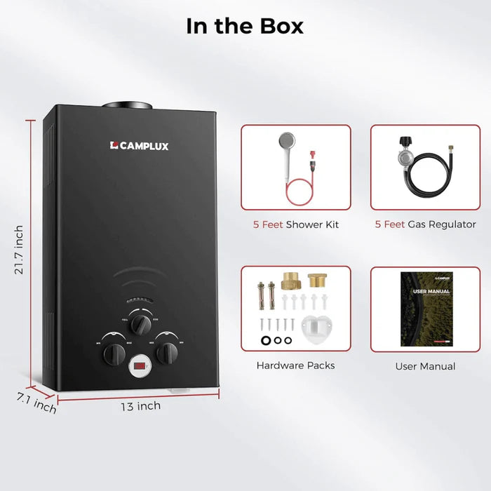 Calentador de agua portátil sin tanque para exteriores Camplux 10L - Negro
